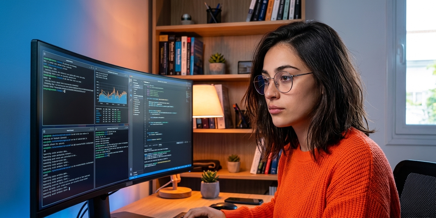 Desarrolladora trabajando frente a pantallas con código y gráficos